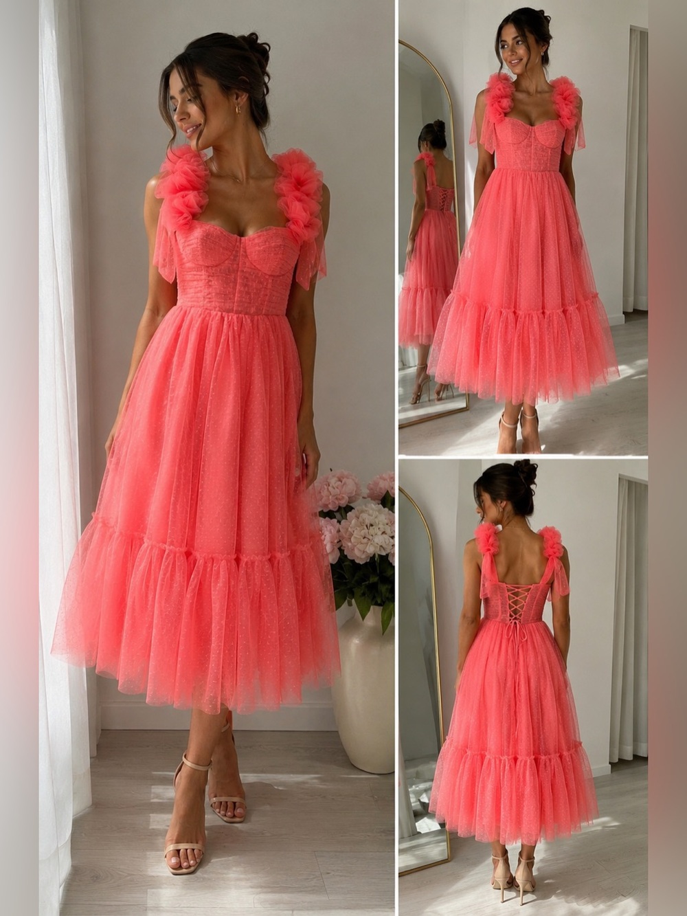 NWT Coral Pink Floral Strap Tulle Midi Dress Corset Lace-Up Back Size 0